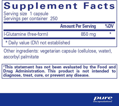 Supplement facts for a bottle of Pure Encapsulations l-Glutamine 850 mg dietary supplement 