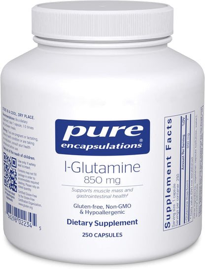 A bottle of Pure Encapsulations l-Glutamine 850 mg dietary supplement containing 250 capsules.