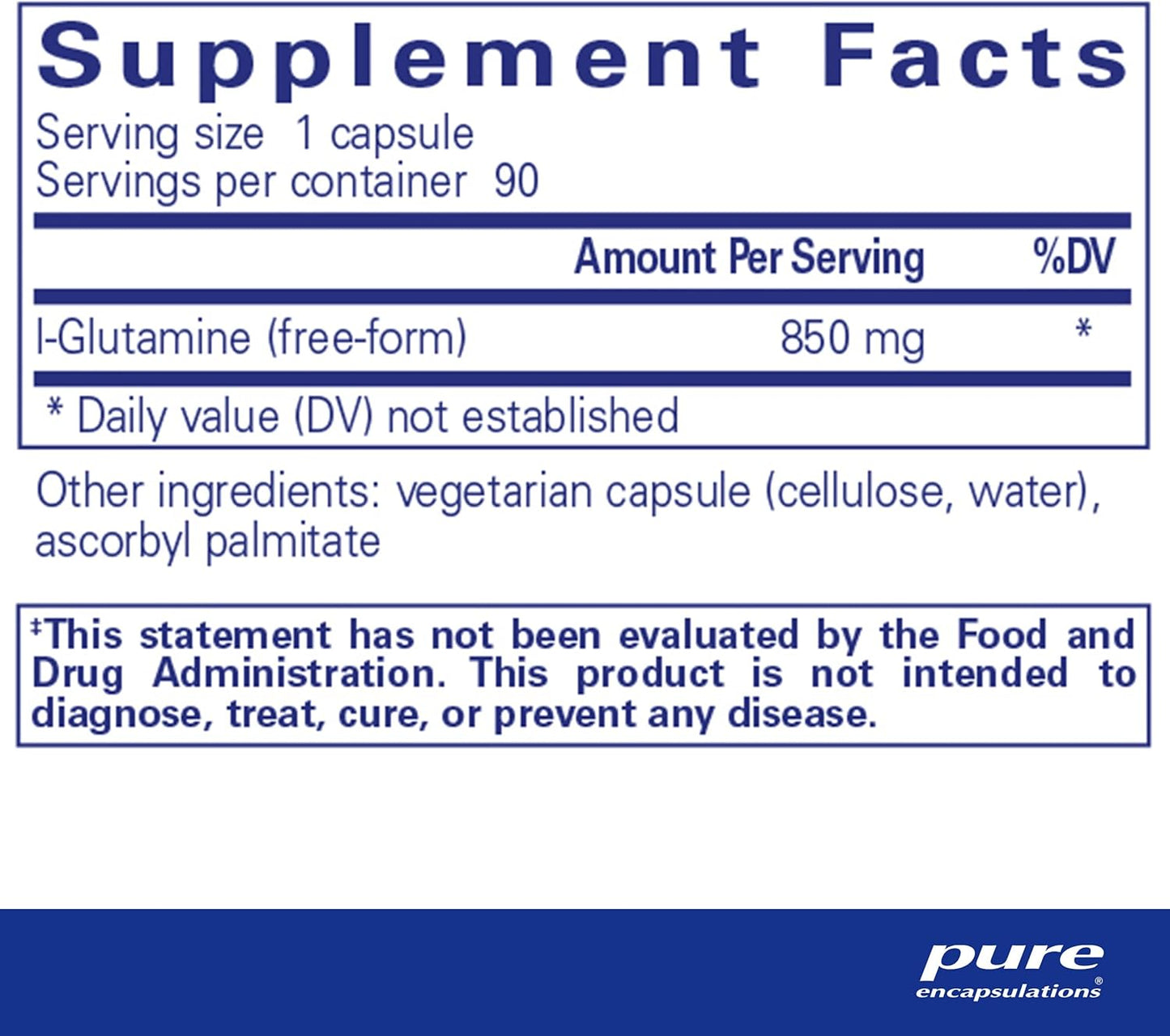 Supplement facts for a bottle of Pure Encapsulations l-Glutamine 850 mg dietary supplement 
