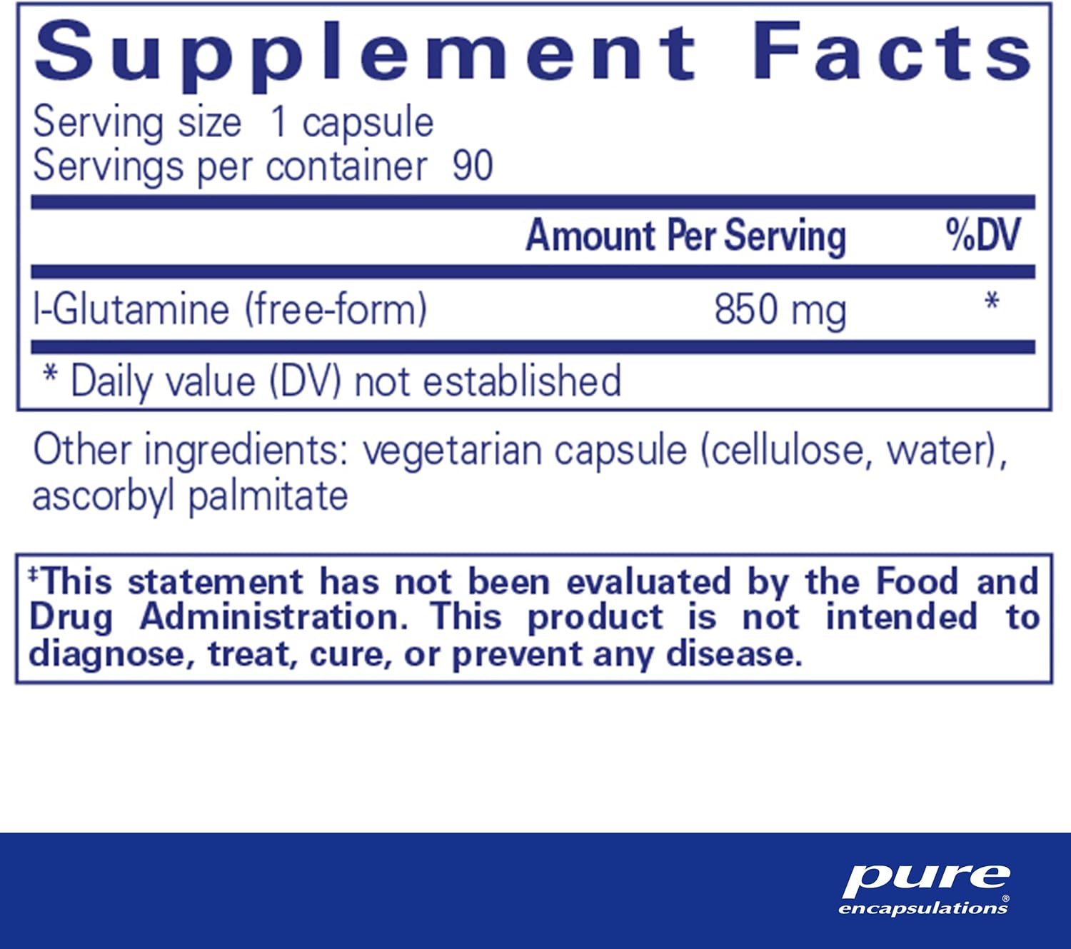 Supplement facts for a bottle of Pure Encapsulations l-Glutamine 850 mg dietary supplement 