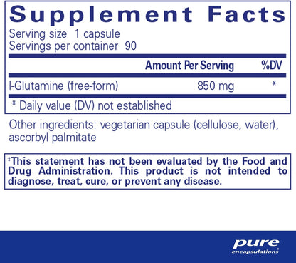 Supplement facts for a bottle of Pure Encapsulations l-Glutamine 850 mg dietary supplement 