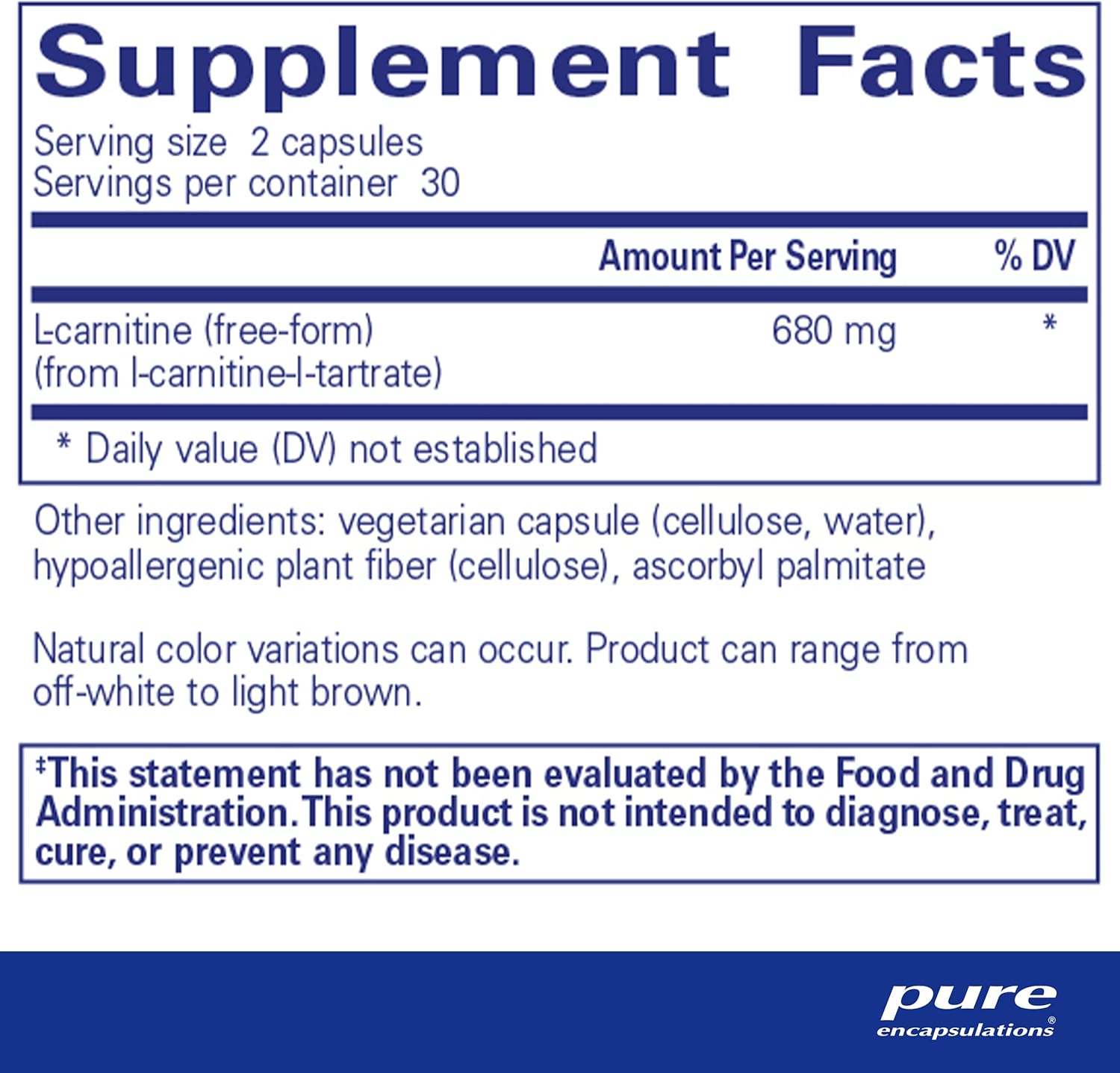 Supplement facts for a bottle of Pure Encapsulations L-Carnitine dietary supplement 