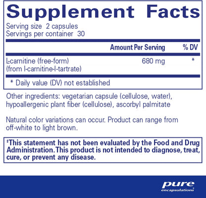 Supplement facts for a bottle of Pure Encapsulations L-Carnitine dietary supplement 