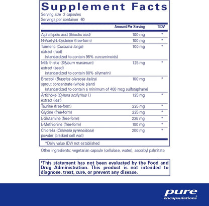 Supplement facts for a bottle of Pure Encapsulations Liver-G.I. Detox dietary supplement
