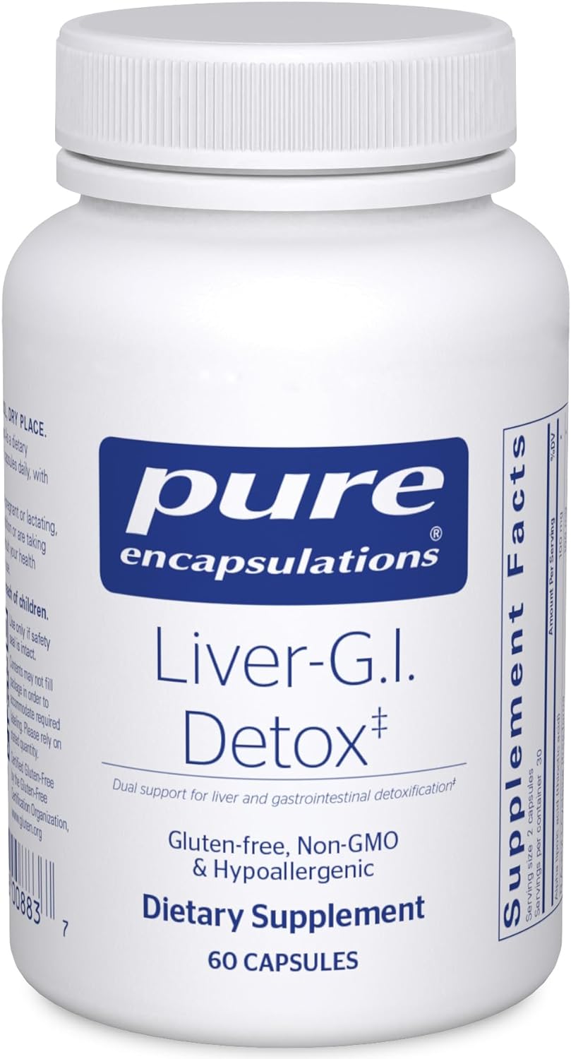 A bottle of Pure Encapsulations Liver-G.I. Detox dietary supplement with 60 capsules.