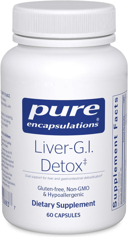 A bottle of Pure Encapsulations Liver-G.I. Detox dietary supplement with 60 capsules.