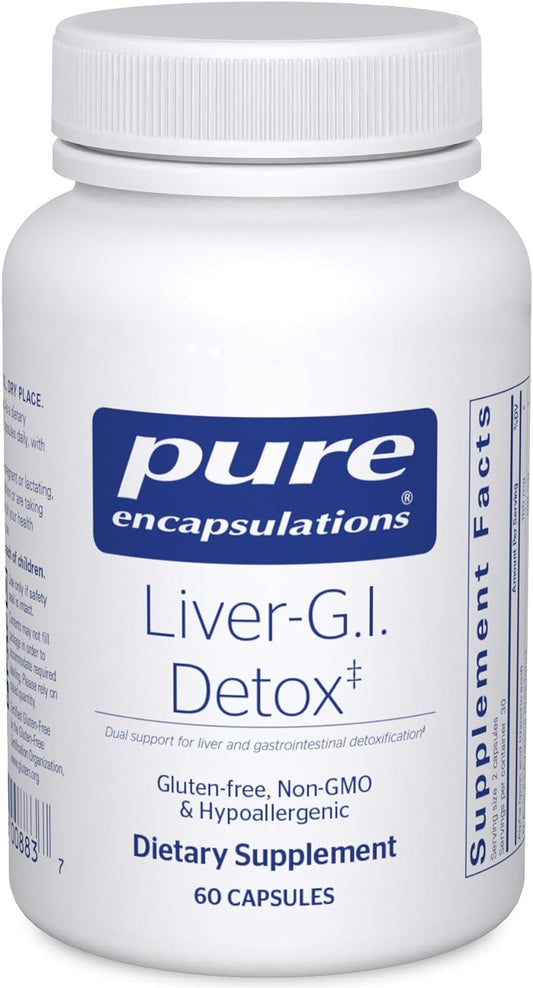 A bottle of Pure Encapsulations Liver-G.I. Detox dietary supplement with 60 capsules.