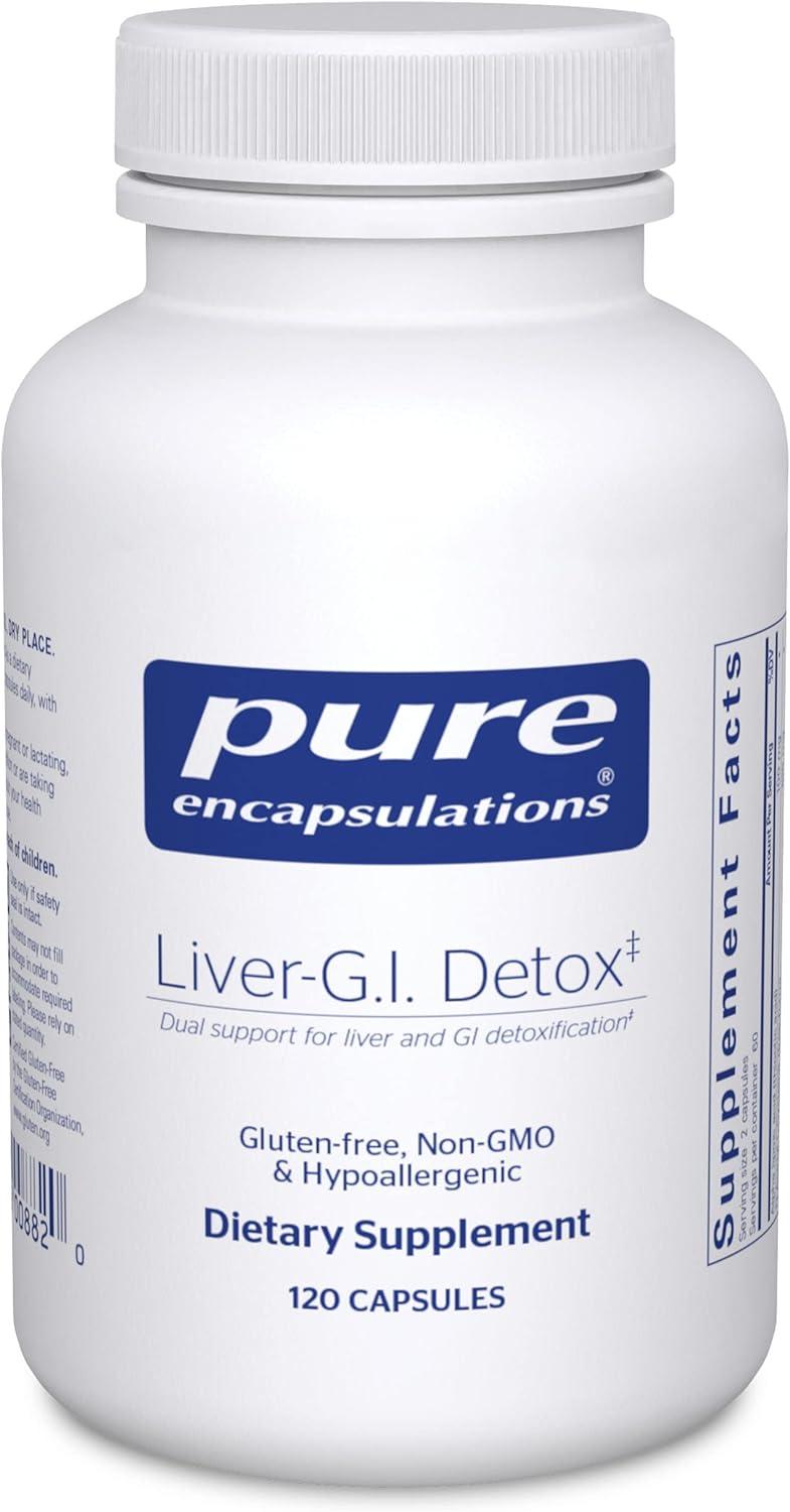 A bottle of Pure Encapsulations Liver-G.I. Detox dietary supplement with 120 capsules.