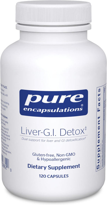 A bottle of Pure Encapsulations Liver-G.I. Detox dietary supplement with 120 capsules.