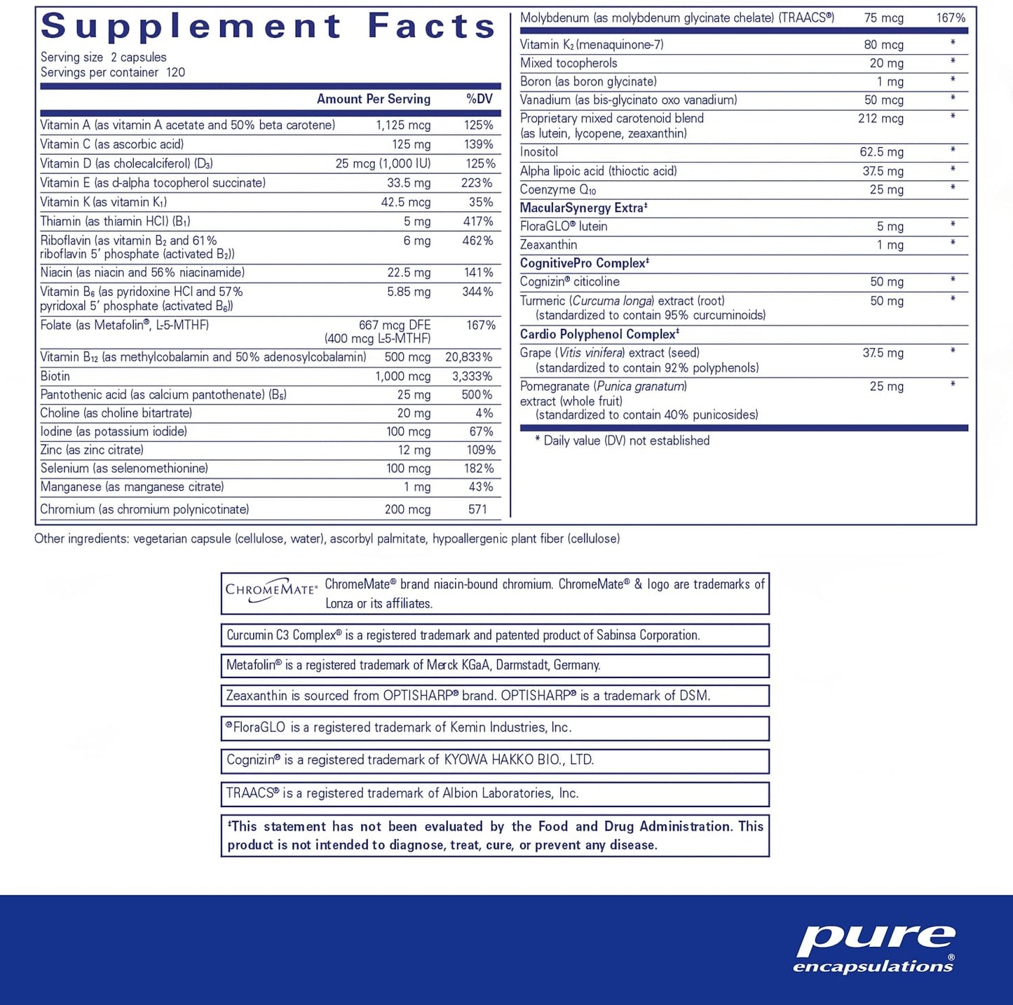 Supplement facts and ingredient information for a bottle of Pure Encapsulations Longevity Nutrients 