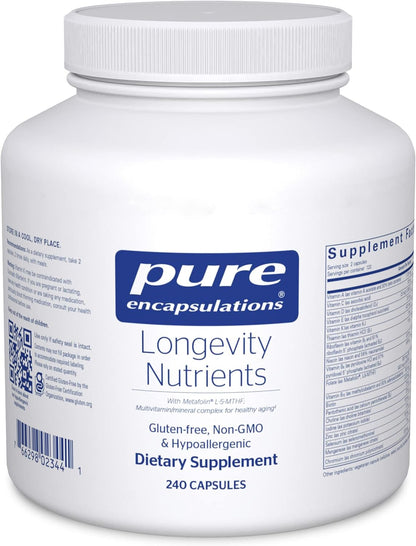 A white bottle of Pure Encapsulations Longevity Nutrients with blue and silver labeling, indicating it contains 240 capsules for dietary supplement use.