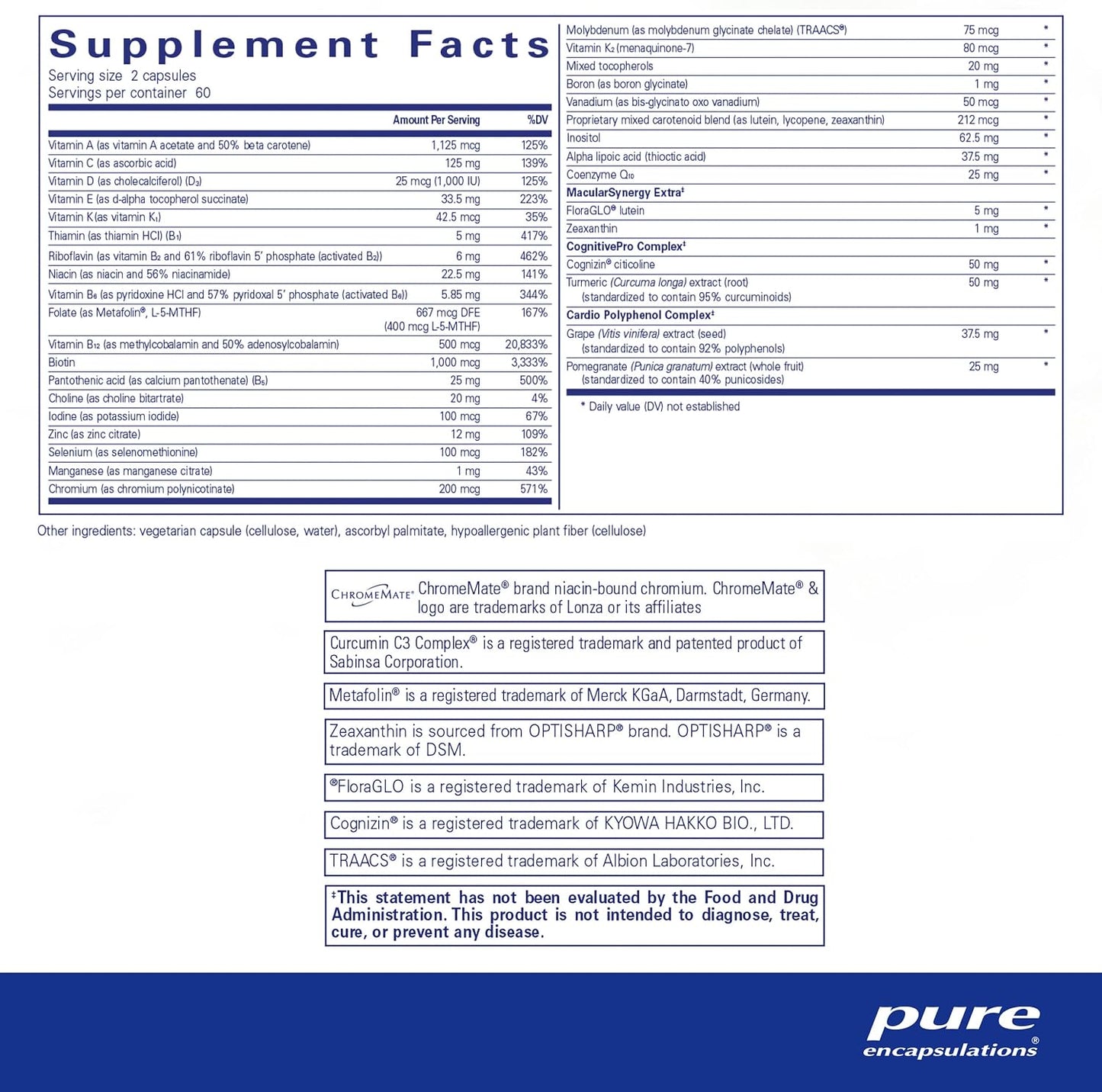 Supplement facts and ingredient information for a bottle of Pure Encapsulations Longevity Nutrients 