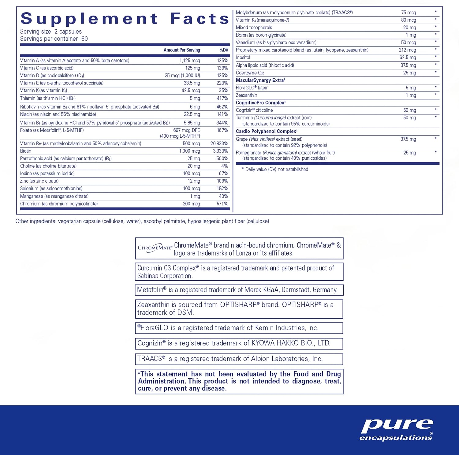 Supplement facts and ingredient information for a bottle of Pure Encapsulations Longevity Nutrients 