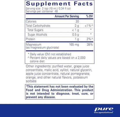 Supplement facts for a bottle of Pure Encapsulations Magnesium Glycinate liquid dietary supplement,