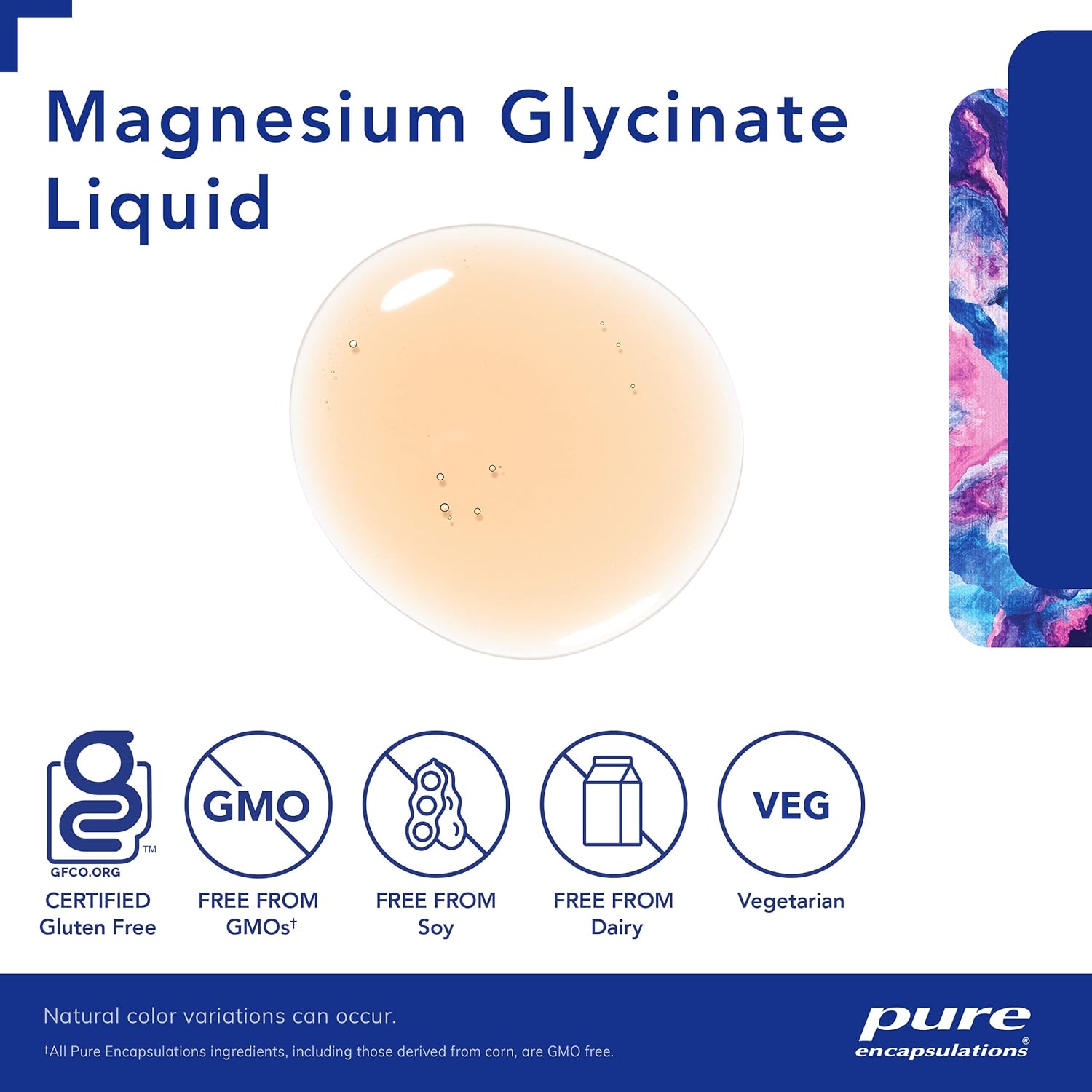 A picture of a drop of a cream, Pure Encapsulations Magnesium Glycinate liquid dietary supplement.  It is GF, GMO free, Soy free, Dairy free and vegetarian