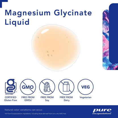 A picture of a drop of a cream, Pure Encapsulations Magnesium Glycinate liquid dietary supplement.  It is GF, GMO free, Soy free, Dairy free and vegetarian