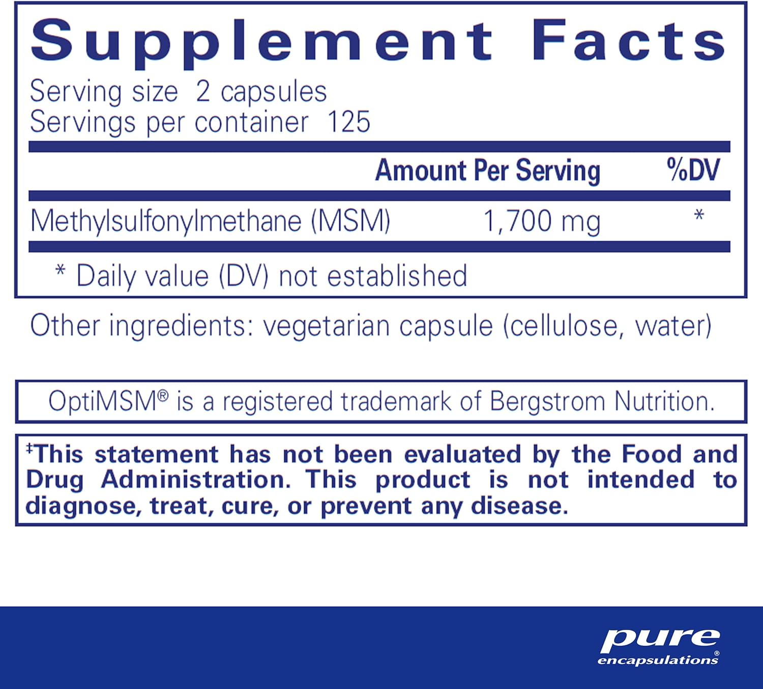 Supplement facts for a bottle of Pure Encapsulations MSM Capsules dietary supplement  