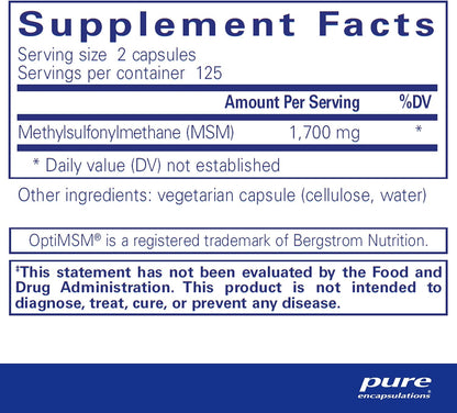 Supplement facts for a bottle of Pure Encapsulations MSM Capsules dietary supplement  