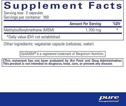 Supplement facts for a bottle of Pure Encapsulations MSM Capsules dietary supplement 