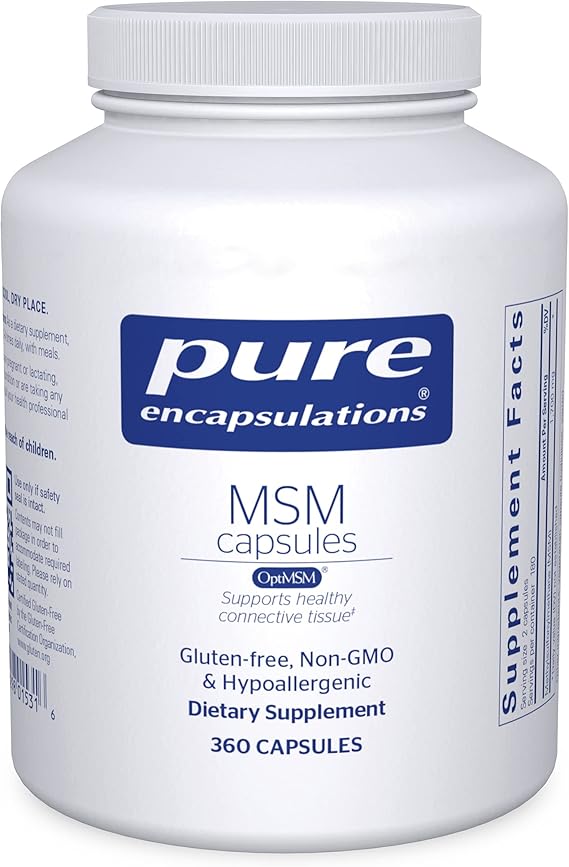 A bottle of Pure Encapsulations MSM Capsules dietary supplement with 360 capsules.