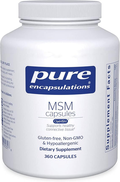 A bottle of Pure Encapsulations MSM Capsules dietary supplement with 360 capsules.