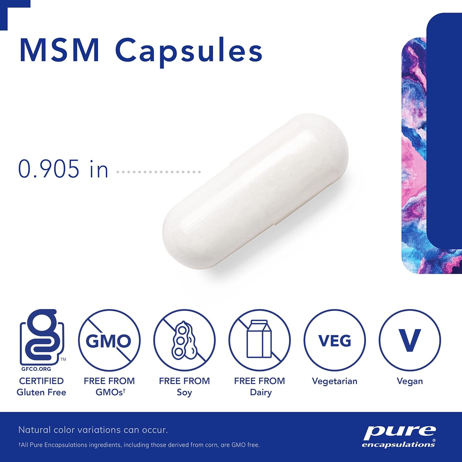 A white, Pure Encapsulations MSM Capsules dietary supplement capsule that is .905 inches and is GF, GMO free, Soy free, Dairy free, vegetarian, and vegan