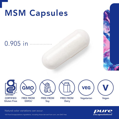A white, Pure Encapsulations MSM Capsules dietary supplement capsule that is .905 inches and is GF, GMO free, Soy free, Dairy free, vegetarian, and vegan