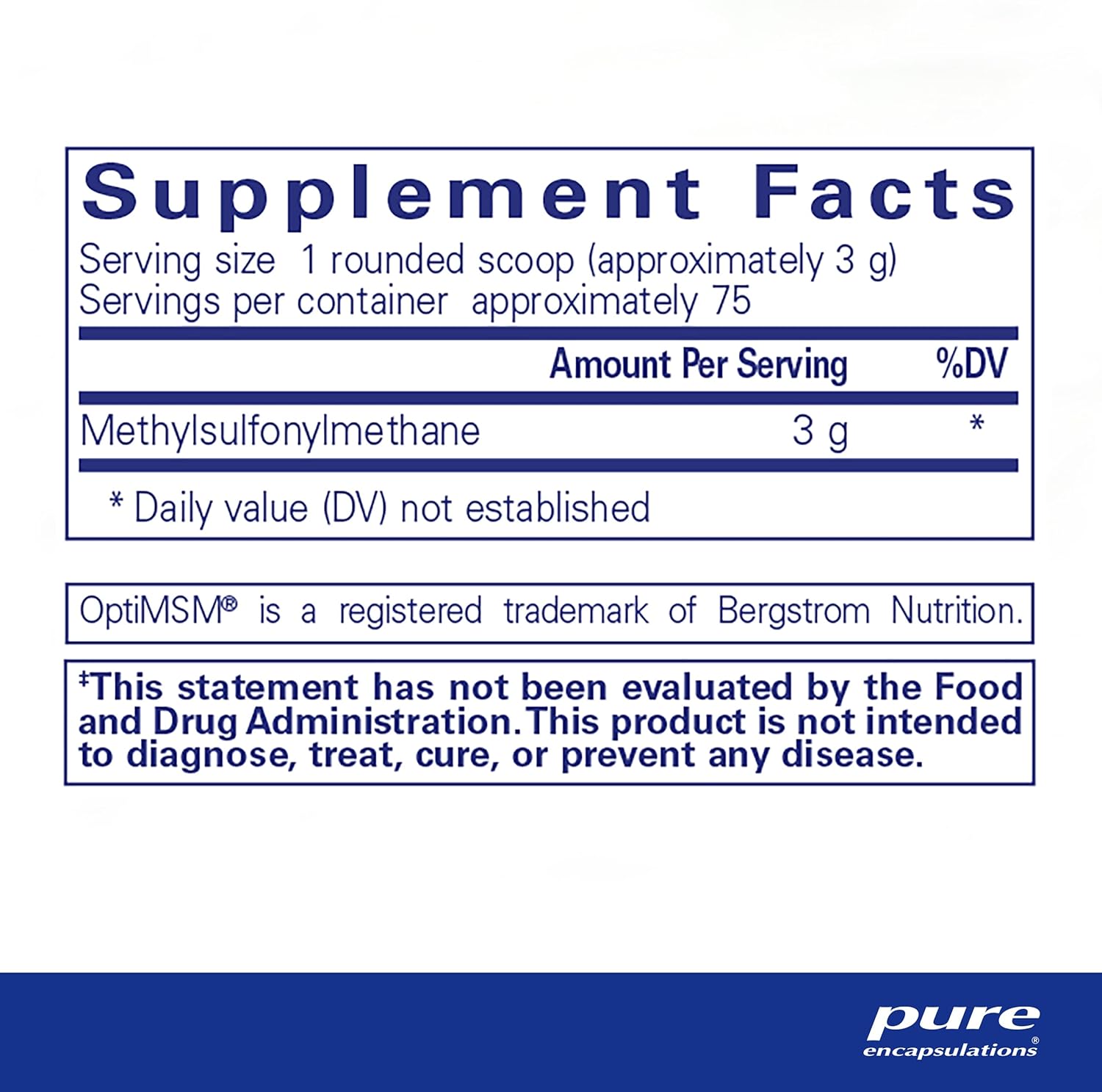 Supplement facts for a container of Pure Encapsulations MSM Powder