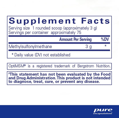 Supplement facts for a container of Pure Encapsulations MSM Powder