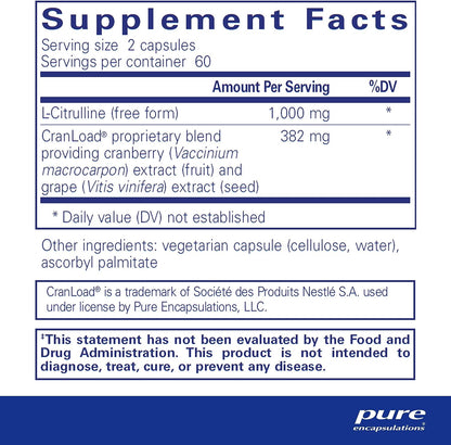 Supplement facts for a bottle of Pure Encapsulations Nitric Oxide Ultra capsules