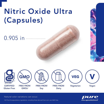 A picture of a brown, Pure Encapsulations Nitric Oxide Ultra capsule that measures .905 inches and is GF, GMO free, Soy free, Dairy free, vegetarian, and vegan