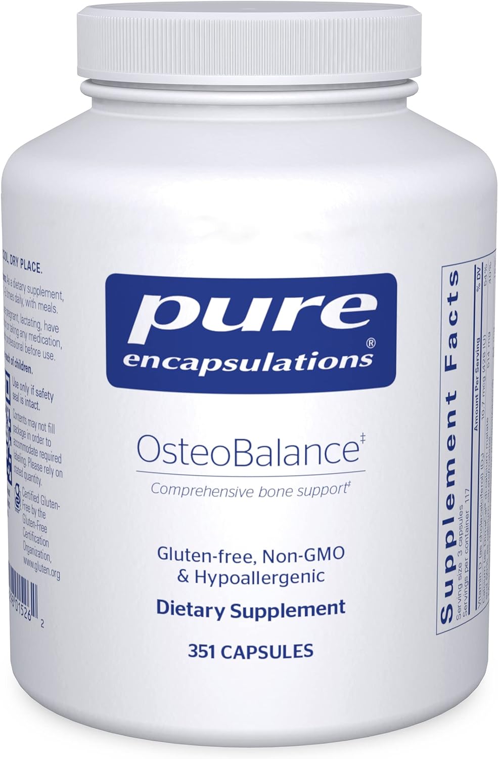 A bottle of Pure Encapsulations OsteoBalance dietary supplement with  351 capsules, labeled as gluten-free, non-GMO, and hypoallergenic
