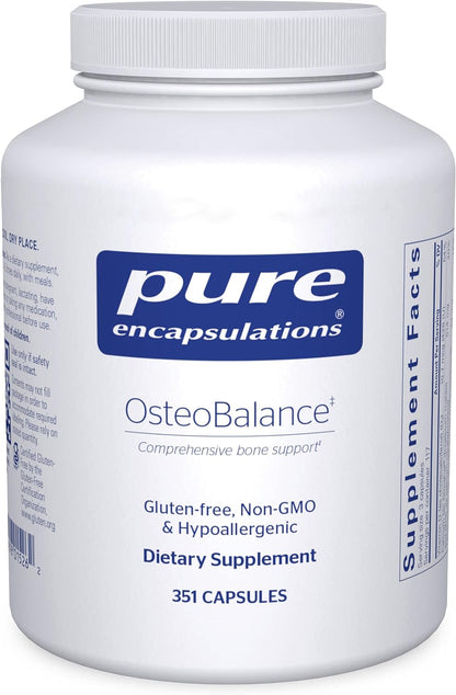 A bottle of Pure Encapsulations OsteoBalance dietary supplement with  351 capsules, labeled as gluten-free, non-GMO, and hypoallergenic