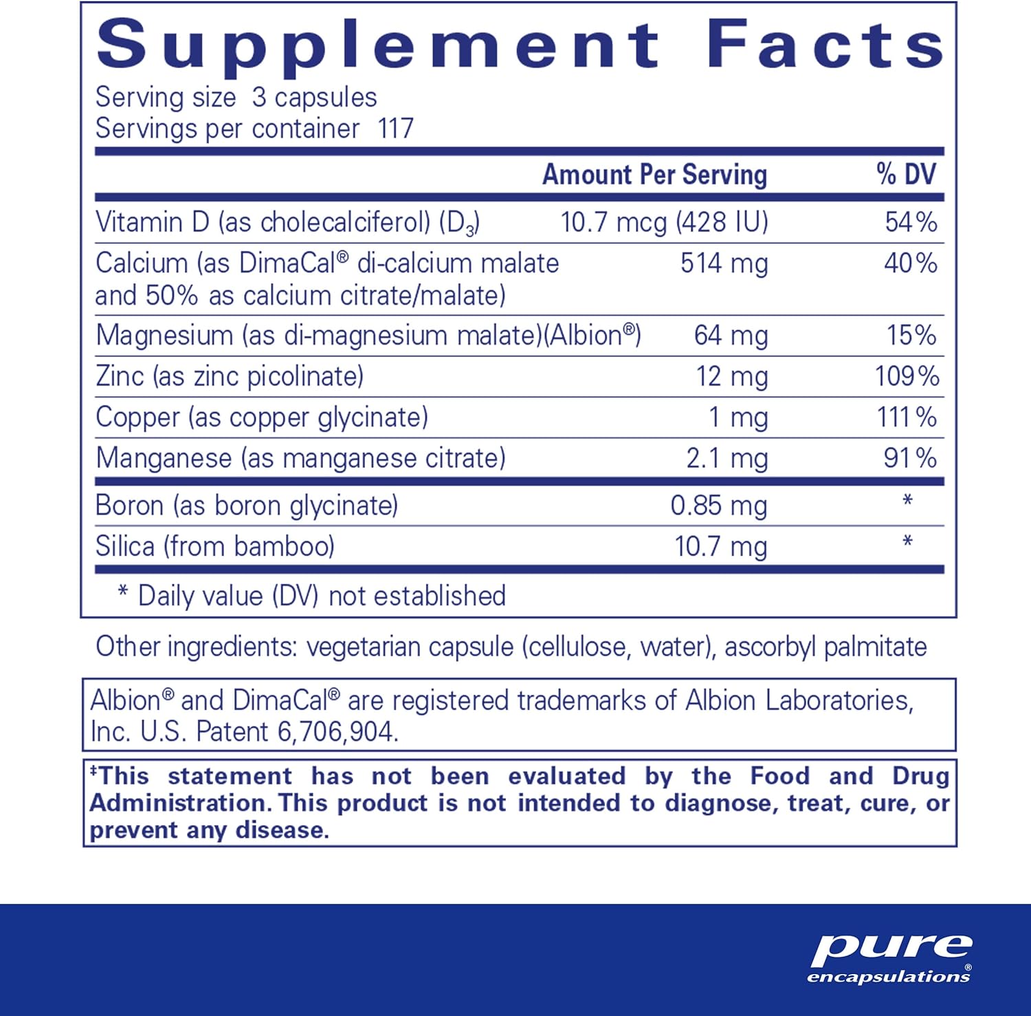Spplement facts for a  bottle of Pure Encapsulations OsteoBalance dietary supplement