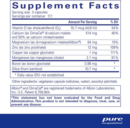 Spplement facts for a  bottle of Pure Encapsulations OsteoBalance dietary supplement
