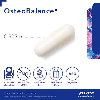 A white, Pure Encapsulations OsteoBalance dietary supplement capsule that measures .905 inches long and is GF, GMO free, Soy free, Dairy free, and vegetarian