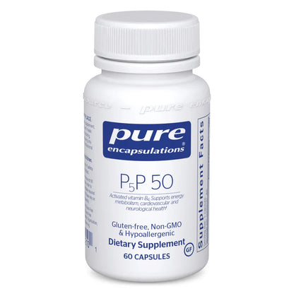 A bottle of Pure Encapsulations P-5-P 50 dietary supplement containing 60 capsules.