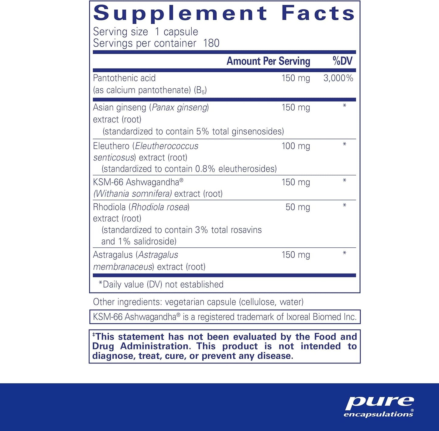 Supplement facts for a bottle of Pure Encapsulations Phyto-ADR Vegetarian Formula