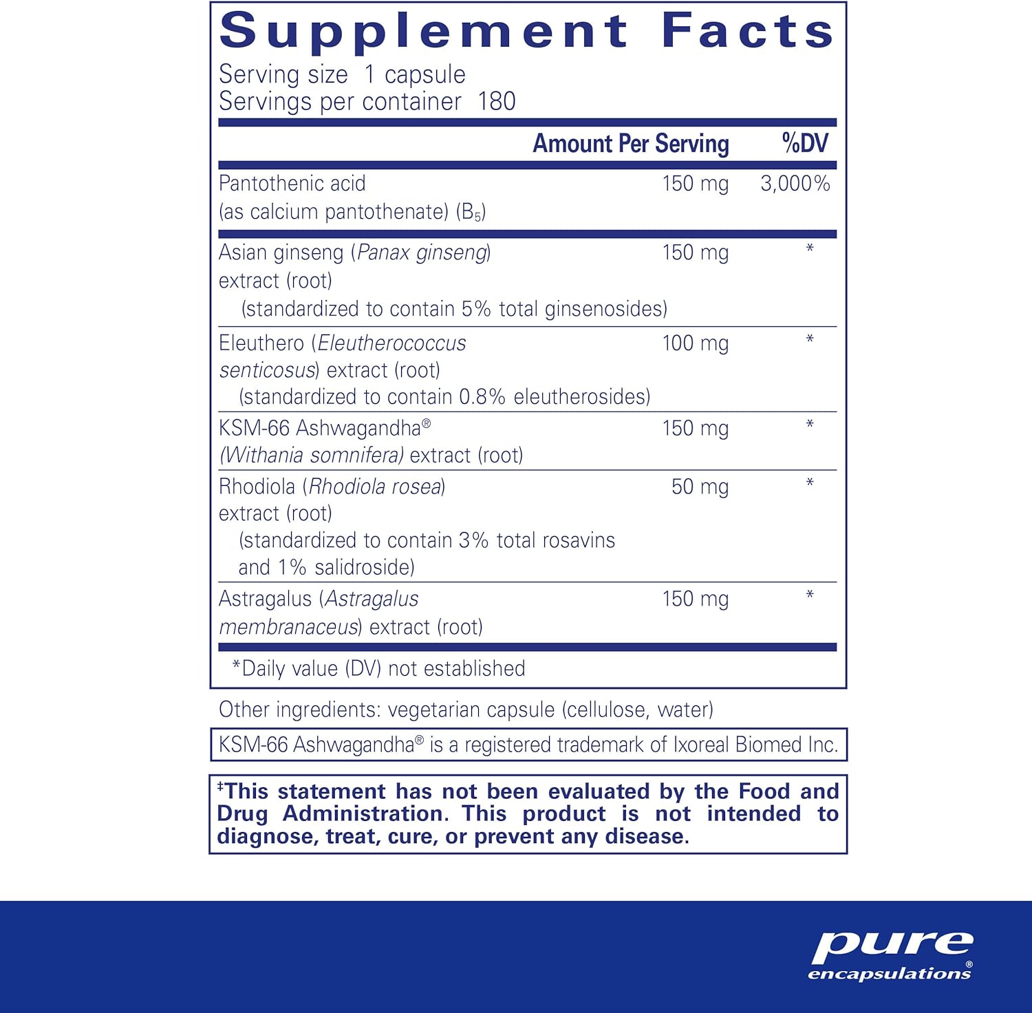 Supplement facts for a bottle of Pure Encapsulations Phyto-ADR Vegetarian Formula