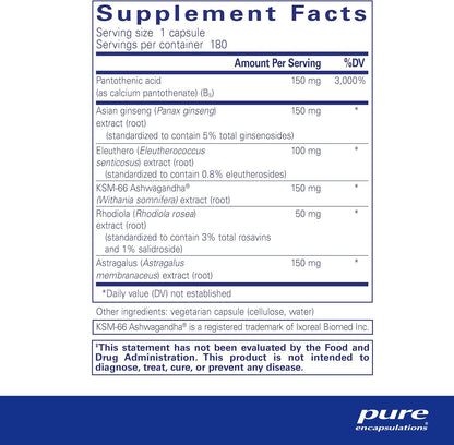 Supplement facts for a bottle of Pure Encapsulations Phyto-ADR Vegetarian Formula