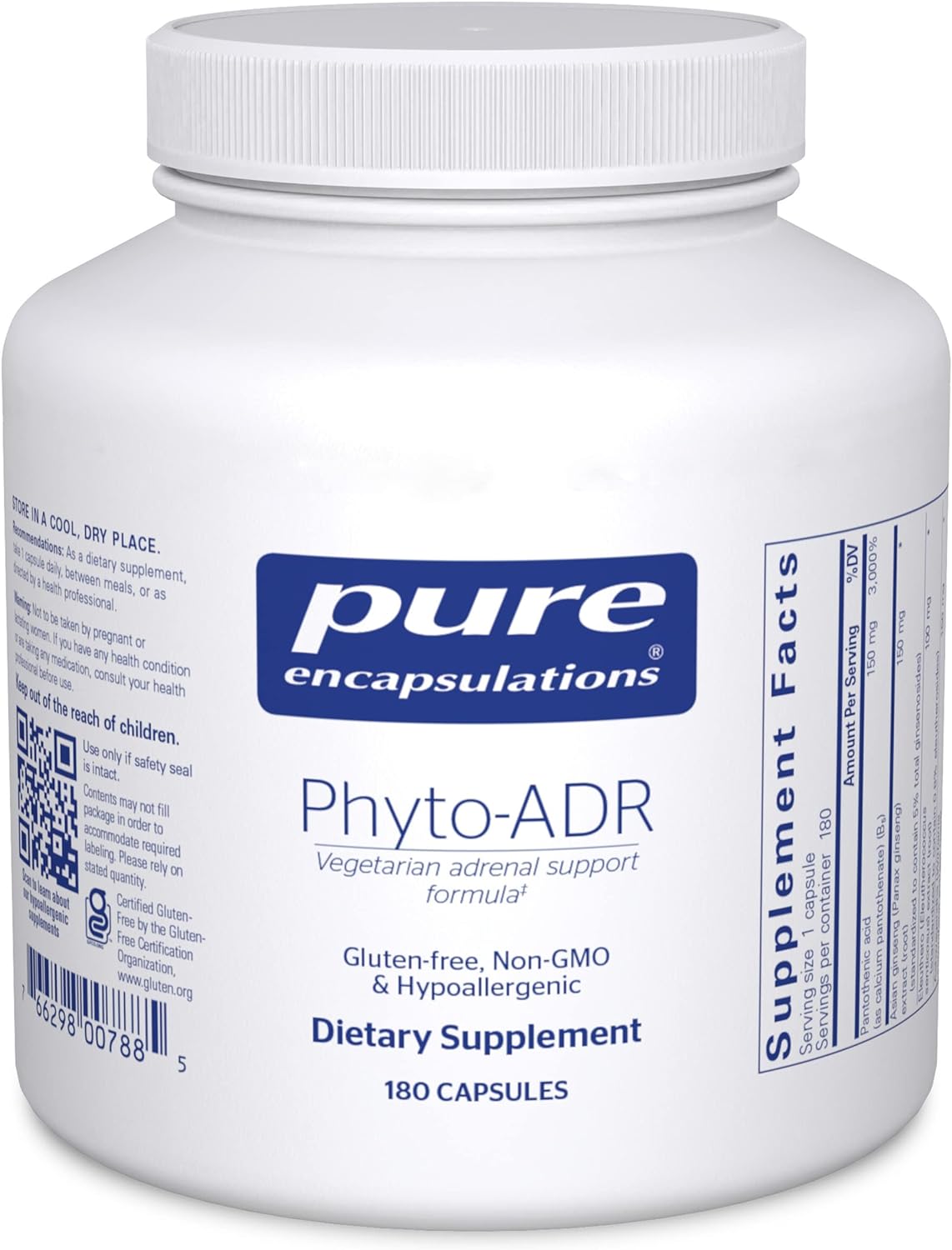 A white bottle with a blue label that reads 'Pure Encapsulations Phyto-ADR Vegetarian Formula' with additional text indicating gluten-free, non-GMO, hypoallergenic, and 180 capsules inside.