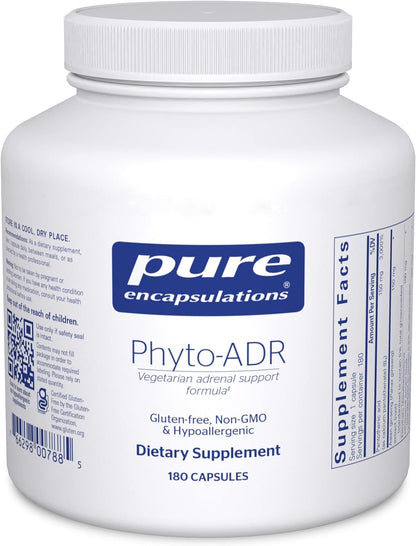 A white bottle with a blue label that reads 'Pure Encapsulations Phyto-ADR Vegetarian Formula' with additional text indicating gluten-free, non-GMO, hypoallergenic, and 180 capsules inside.