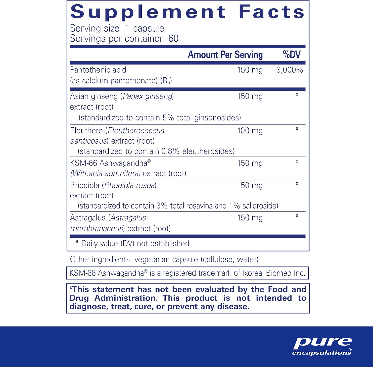 Supplement facts for a bottle of Pure Encapsulations Phyto-ADR Vegetarian Formula