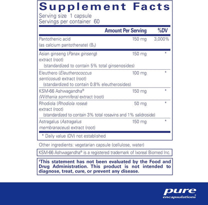 Supplement facts for a bottle of Pure Encapsulations Phyto-ADR Vegetarian Formula