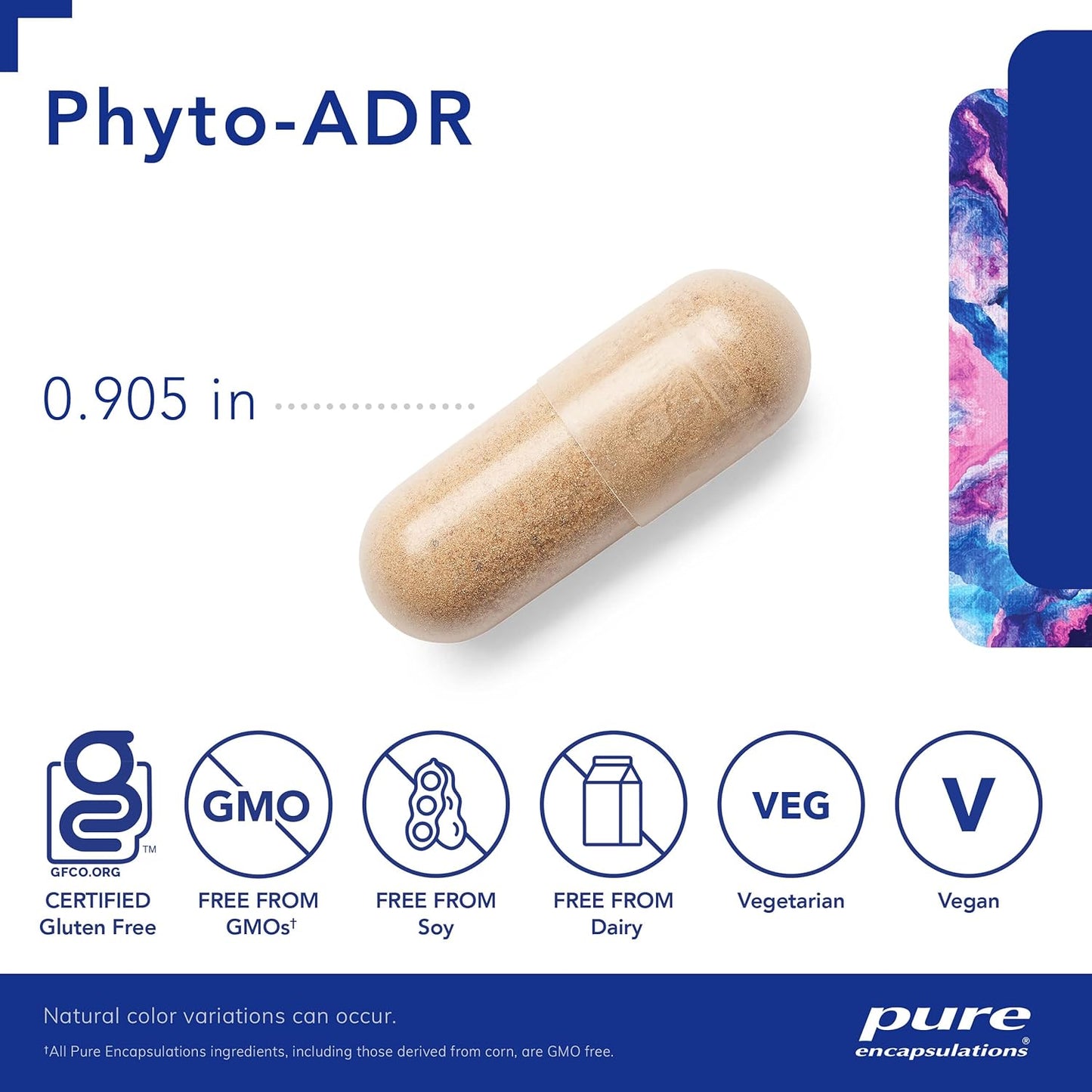 A picture of a tan, Pure Encapsulations Phyto-ADR Vegetarian Formula capsule that measures .905 inches long.  It is GF, GMO free, dairy free, soy free, vegetarian, and vegan.