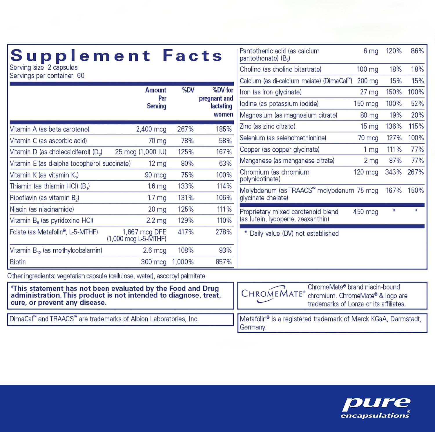Supplement facts and ingredient information for a bottle of Pure Encapsulations PreNatal Nutrients dietary supplement