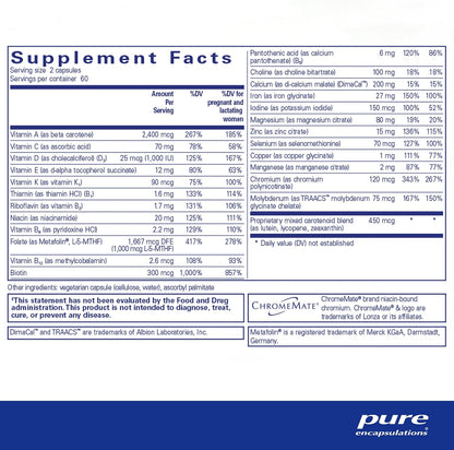 Supplement facts and ingredient information for a bottle of Pure Encapsulations PreNatal Nutrients dietary supplement