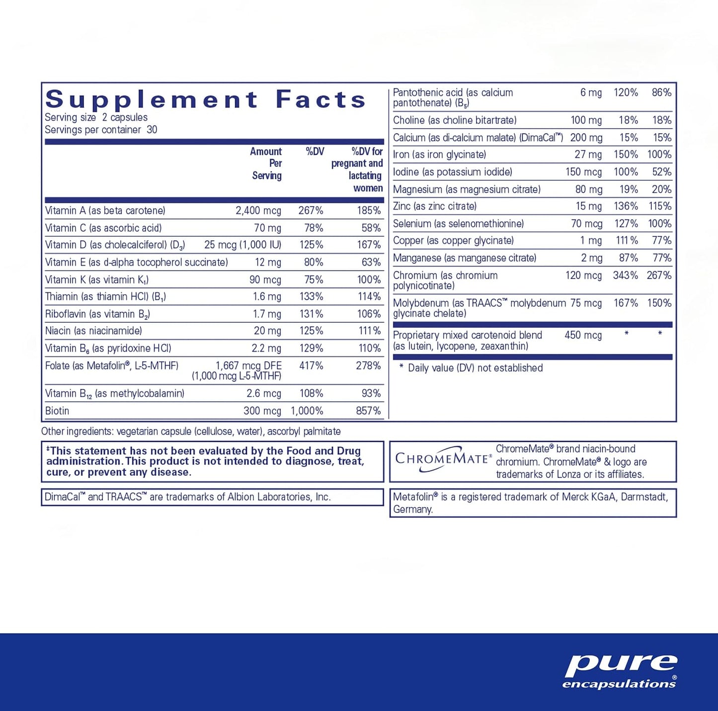 Supplement facts and ingredient information for a bottle of Pure Encapsulations PreNatal Nutrients dietary supplement