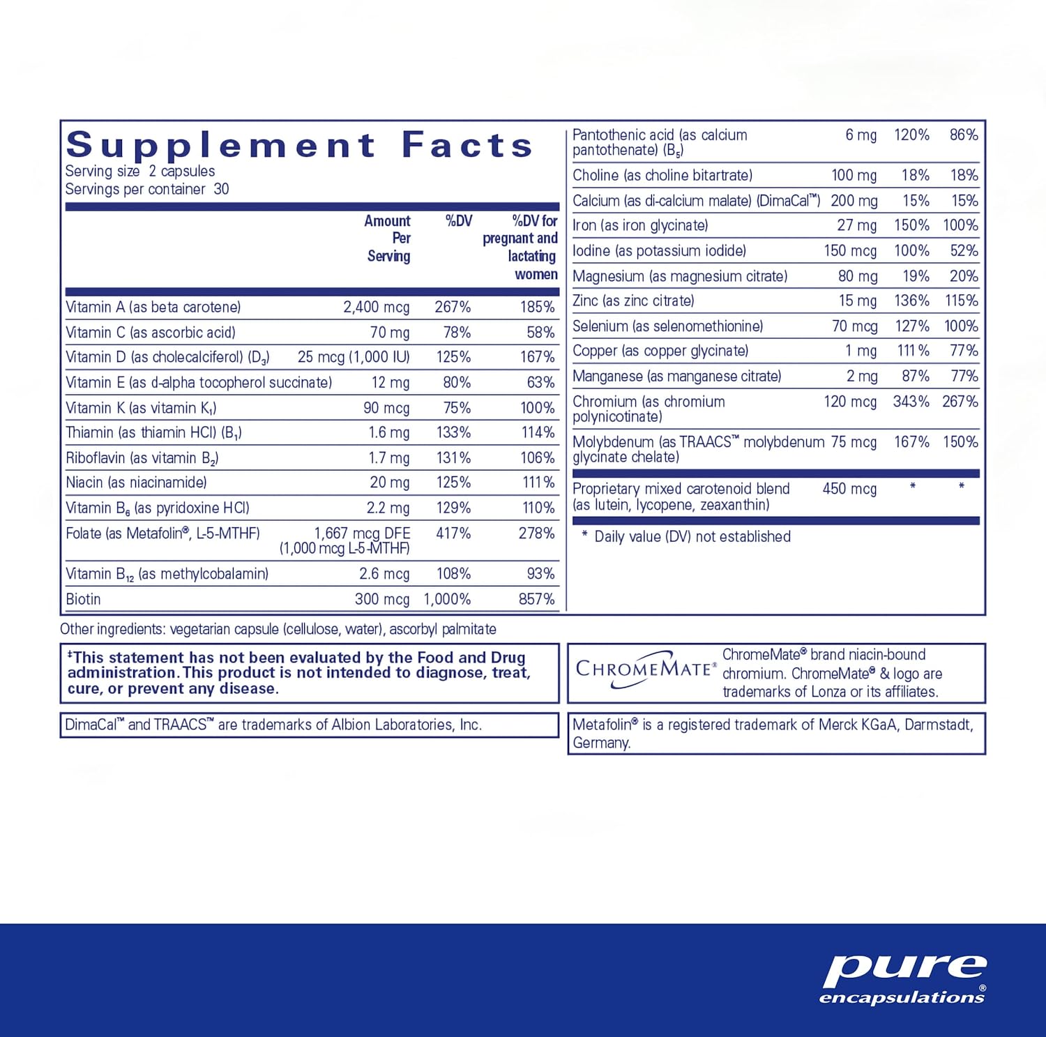 Supplement facts and ingredient information for a bottle of Pure Encapsulations PreNatal Nutrients dietary supplement
