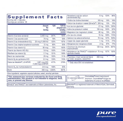 Supplement facts and ingredient information for a bottle of Pure Encapsulations PreNatal Nutrients dietary supplement